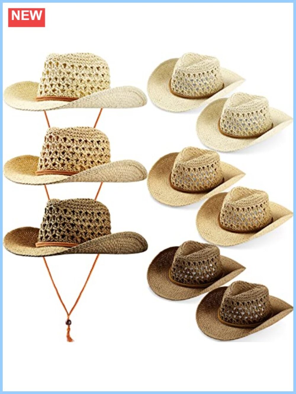 9 Pack Straw Cowboy Hats Woven Raffia Adjustable Western Party